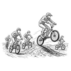 Obraz premium BMX Racing Competition Sketch Illustration of Cyclists Jumping on Dirt Track