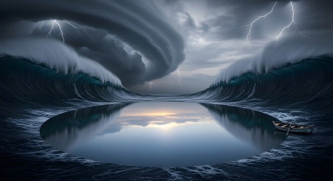 A solitary boat floats in a circular sanctuary of calm water amidst towering tsunami waves and lightning, a metaphor for maintaining inner peace and resilience surrounded by overwhelming