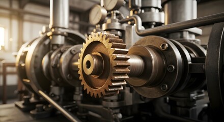A weathered gear rotating within a complex labyrinth of pipes and gauges, symbolizing the enduring resilience of heavy industry and the intricate synergy of mechanical engineering
