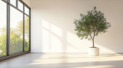 Obraz premium Sunlit minimalist room with floor-to-ceiling windows and a solitary potted olive tree casting soft shadows, serene and airy atmosphere