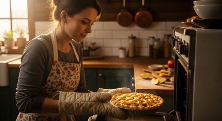 A woman in a kitchen carefully taking a pie out of the oven with oven gloves.