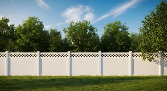 A white vinyl fence with lattice top stands in a well-manicured lawn surrounded by trees under a blue sky.