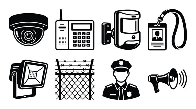 Complete security system icons featuring surveillance camera, keypad, motion sensor, guard and megaphone.