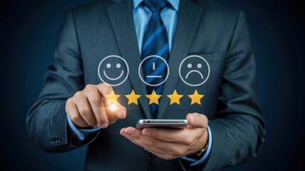Businessman providing a five star rating on a mobile device