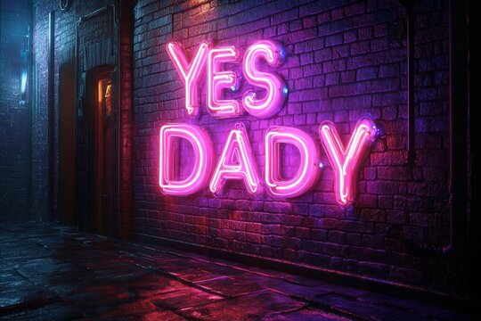 pink neon sign reading yes dady on wet brick alley wall at night with moody purple and blue reflections conveying a gritty provocative atmosphere