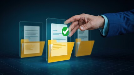 A hand selecting a verified document from a set of documents