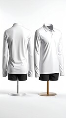 Two views of a white long-sleeve polo shirt on a stand
