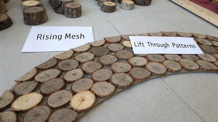 Artistic Display of Wooden Discs with Labels for Creative Design Inspirations and Natural Elements in Modern Interiors