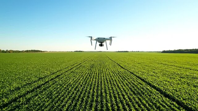 Flying drone over a vast green agricultural field on a clear day, showcasing modern farming technology in action
