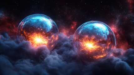 Mystical cosmic spheres floating in clouds, celestial bodies in a vibrant space landscape