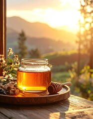 Jar of golden liquid with dipper, flowers and mountains