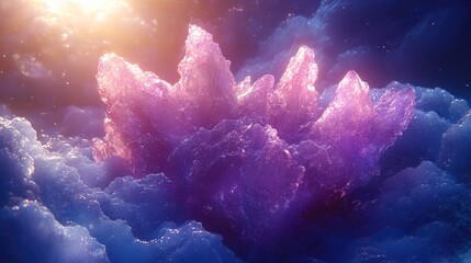 Mystical crystal formation amidst ethereal clouds, bathed in soft, otherworldly light creating a