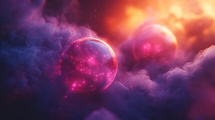 Mystical orbs floating amidst ethereal clouds of vibrant colors in dreamlike landscape