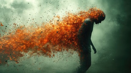 Surreal artwork depicting a figure dissolving into particles of fire and smoke against a dark