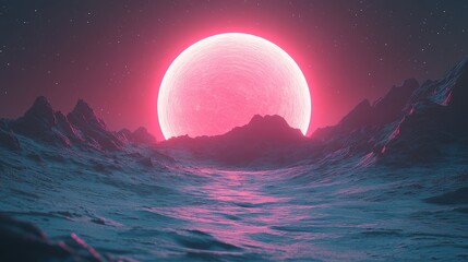 Surreal landscape with a giant pink moon rising over snow covered mountains