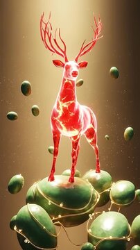 Red Deer with Antlers on Green Fruits Vibrant Animal Art.