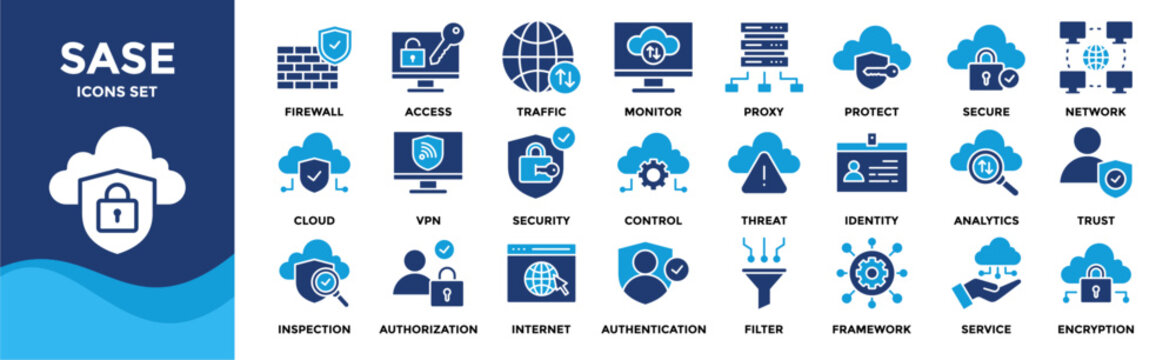Sase icon set collection. pack contain secure, access, network, cloud, protect, traffic, firewall, identity, inspection, service