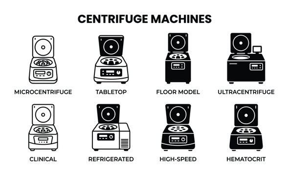 Different types of centrifuge machines illustration. Microcentrifuge, tabletop, floor model, ultracentrifuge, clinical etc.