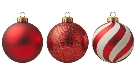 Red and white Christmas tree ornaments isolated on a transparent background