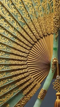 Ornate Handheld Fan with Gold Details Green and Gold Decor.