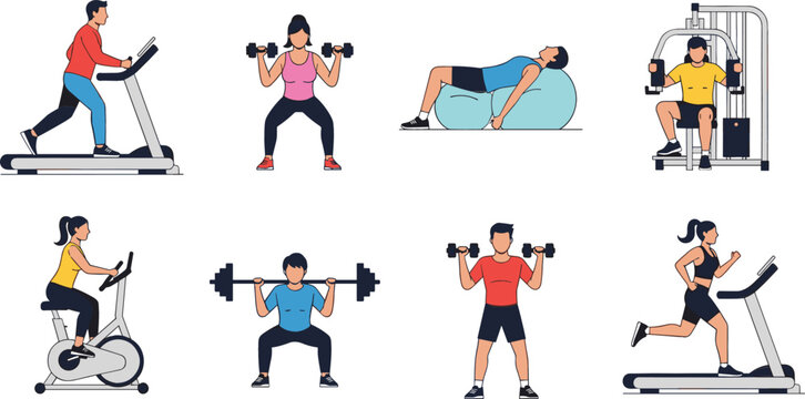 Gym workout and fitness exercise icon set with treadmill running, weightlifting, and cardio for health club branding vector