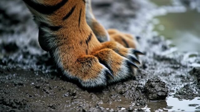 Tiger paws in muddy ground