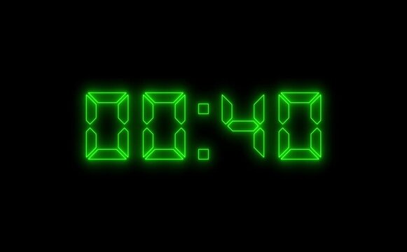 Abstract neon LED timer for 45 seconds countdown with reflection count animation on a black screen. Neon violet digital number clock with reflection.