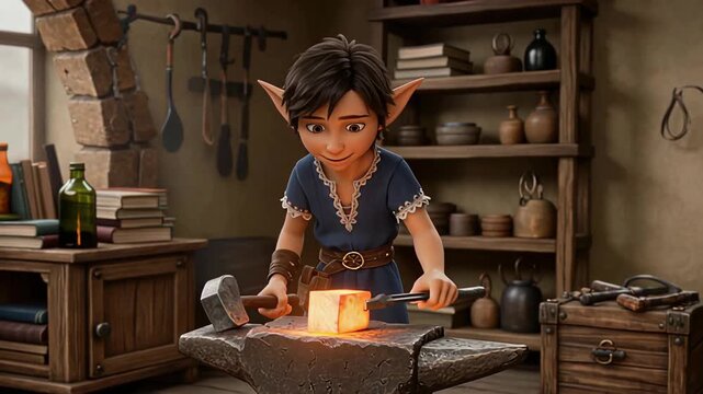 Animated elf boy blacksmith forging metal on an anvil in a cozy workshop, with glowing sparks and a focused expression