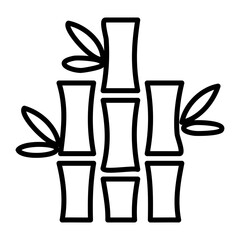 Simple Outline Bamboo Stalk Icon with Leaves Minimalist Asian Botanical Element Isolated White Background