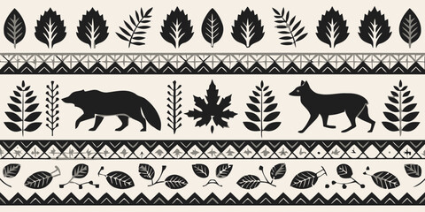 Native American inspired wildlife border with bear and wolf silhouettes