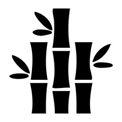 Stylized Black Bamboo Stalks with Three Leaves on a White Background Simple Icon Graphic