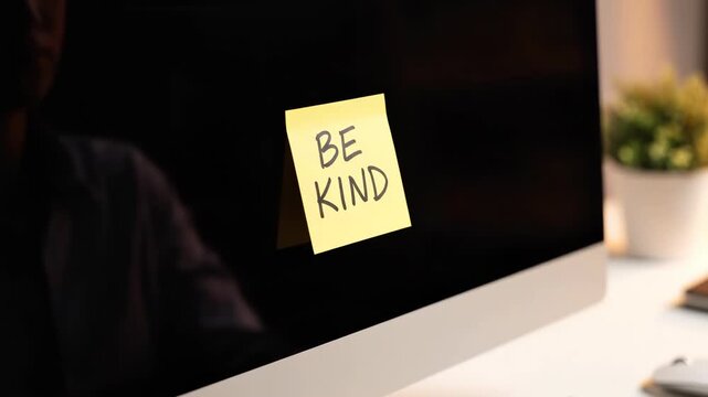Hands holding a yellow sticky note with be kind message on it in an office setting with a computer and plant