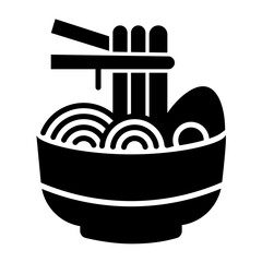 Black And White Icon Of A Bowl Of Noodles With Chopsticks and Egg