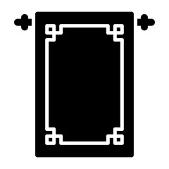 Simple Black and White Traditional Asian Decorative Banner Icon with Ornate Border and Tassels