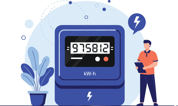 Smart electric meter with digital kW-h display and utility worker character for energy management and power billing branding vector