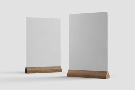 two blank table tent card menu print display holder a5 paper size with wooden base realistic mockup design template 3d render isolated