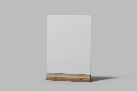 blank standing table tent menu display holder acrylic a5 paper size with wooden base mockup design template 3d render isolated