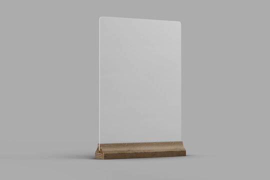 blank table top tent menu display holder acrylic in a5 paper size with wood base mockup design template 3d render isolated