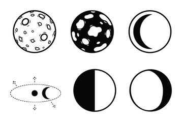 Phases of the Moon vector illustration. Lunar cycle with a dotted line around the moon, half moon and full moon.