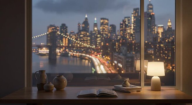 Cozy indoor scene with a cityscape view at dusk, featuring a table with a lamp, books, and decorative items, against a large window with a blurred