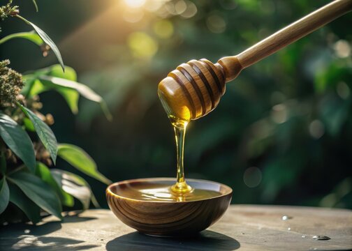 Honeys golden elixir cascades down a rustic honey dipper on a bright sunny day against a warm and cheerful yellow background