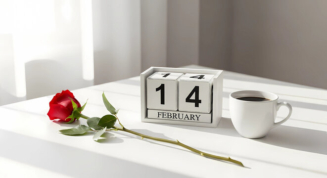 Valentine's Day romantic setup with rose, calendar, and coffee on white table