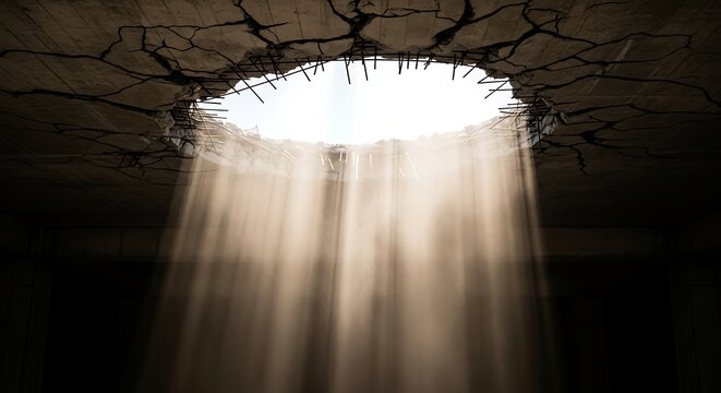 Sunlight streaming through a circular hole in a cracked concrete ceiling. Concept of hope, divine inspiration, liberation, and finding a spiritual breakthrough in a dark industrial space.