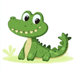Fototapeta premium Cute cartoon green crocodile with big eyes smiling and sitting on grass with water splashes behind