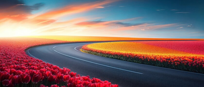 Curving asphalt road winding through endless red and yellow tulip fields under a dramatic golden sunset sky, serene and uplifting spring landscape