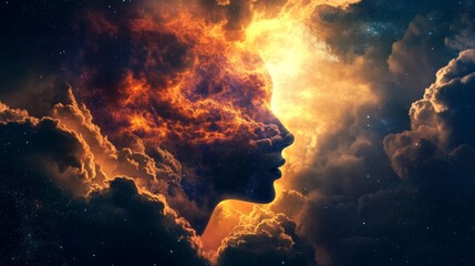 A fiery silhouette of a woman's face emerges from a cloudy sky, symbolizing strength, power, and inner fire.