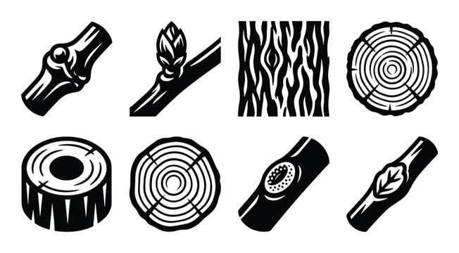 Tree parts vector set. Collection of branch with bud, cross section of trunk and bark textures. Nature art.