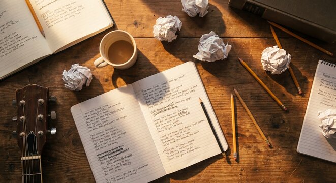 Inspired creative workspace flat lay with song lyrics, coffee, and a guitar headstock under warm afternoon sunlight