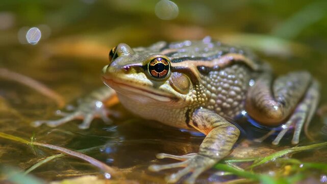 Close-up of a green frog sitting in shallow water surrounded by vegetation.