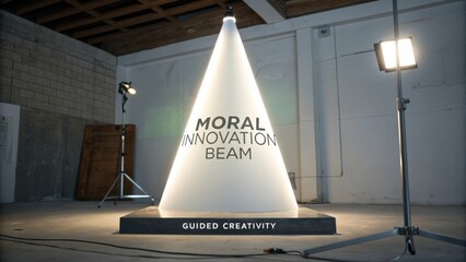 Illuminated cone-shaped display with the words Moral Innovation Beam and Guided Creativity in a modern studio setting